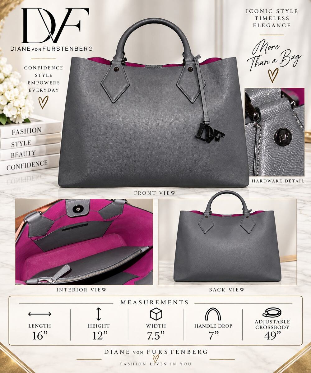 DL037 Diane von Furstenberg Grey Saffiano Leather Large Voyager Carryall Tote